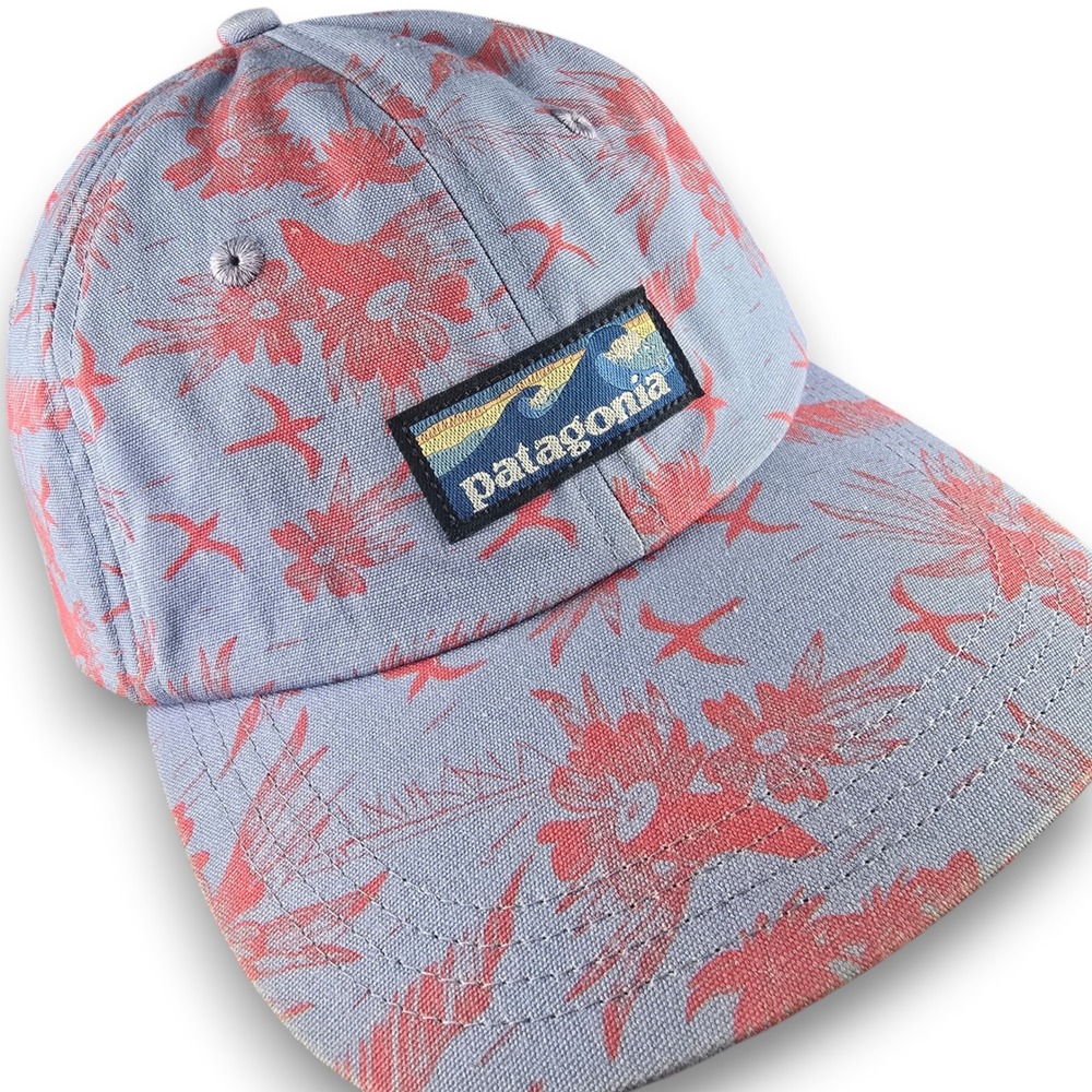 Patagonia P-6 Label Trad Cap Hat Blue Red Floral Bird Organic Cotton Adjustable